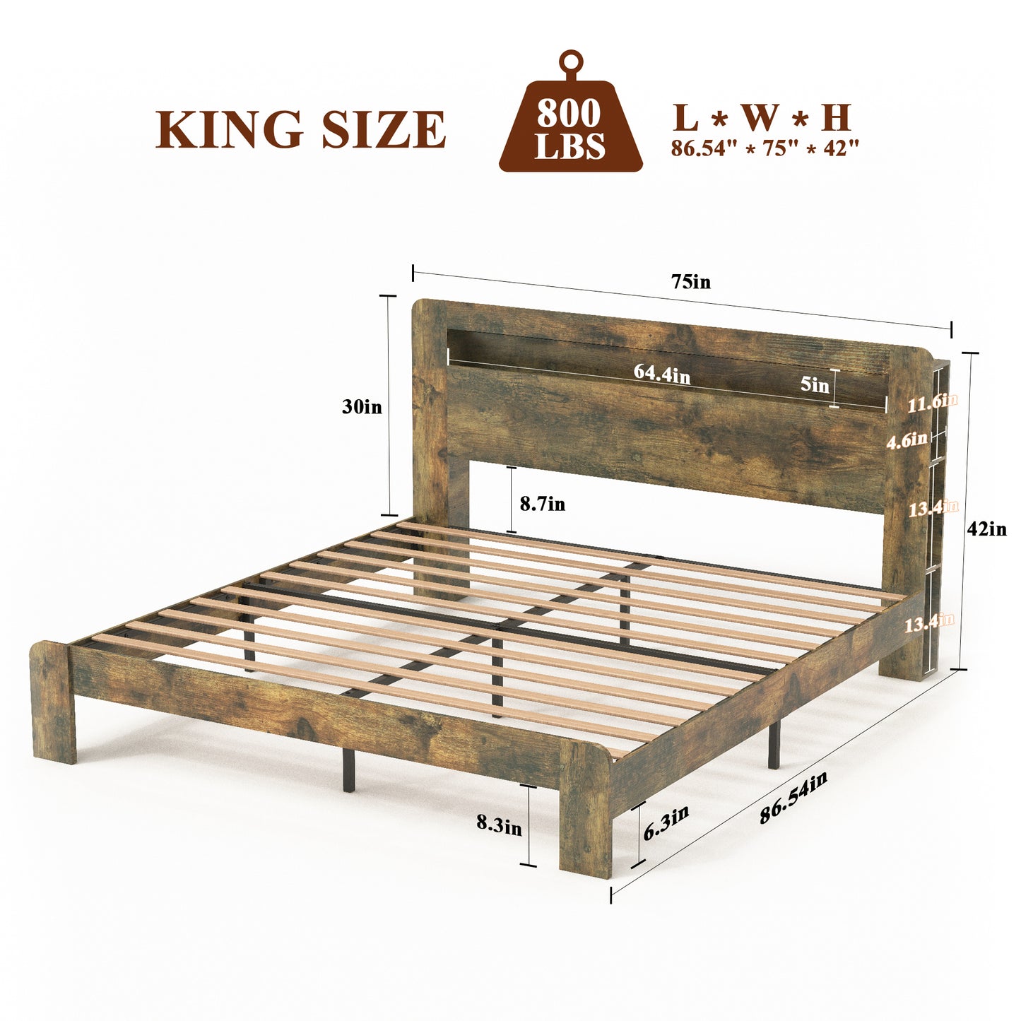 King Wood Bed Frame with LED Headboard, USB Ports & Storage