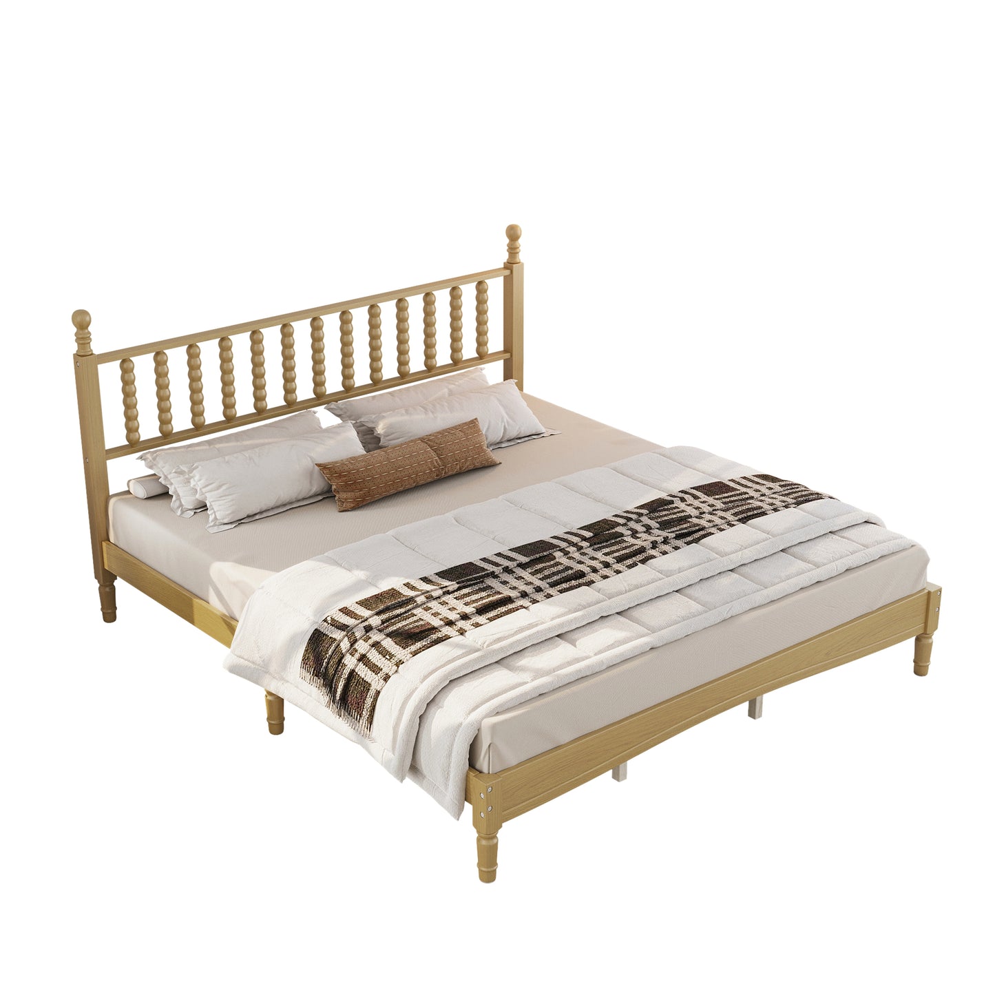 King Size Wood Platform Bed With Gourd Shaped Headboard,Retro Style