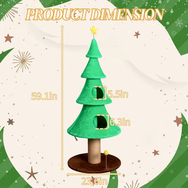 Large 59in Christmas Tree Cat Tower with Condos & Scratching Post, Fleece Cover, Teaser Toy