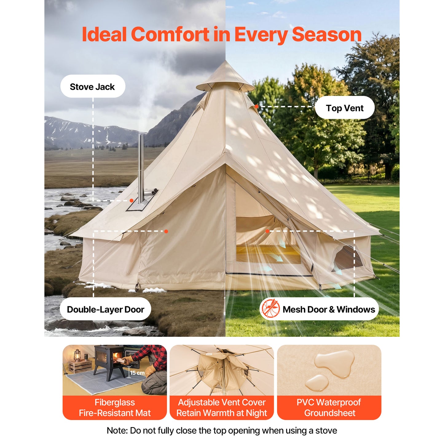 Oxford Bell Tent - 4-Season Waterproof Yurt Tent for Camping, Holds 4 with Detachable Floor & Stove Jack