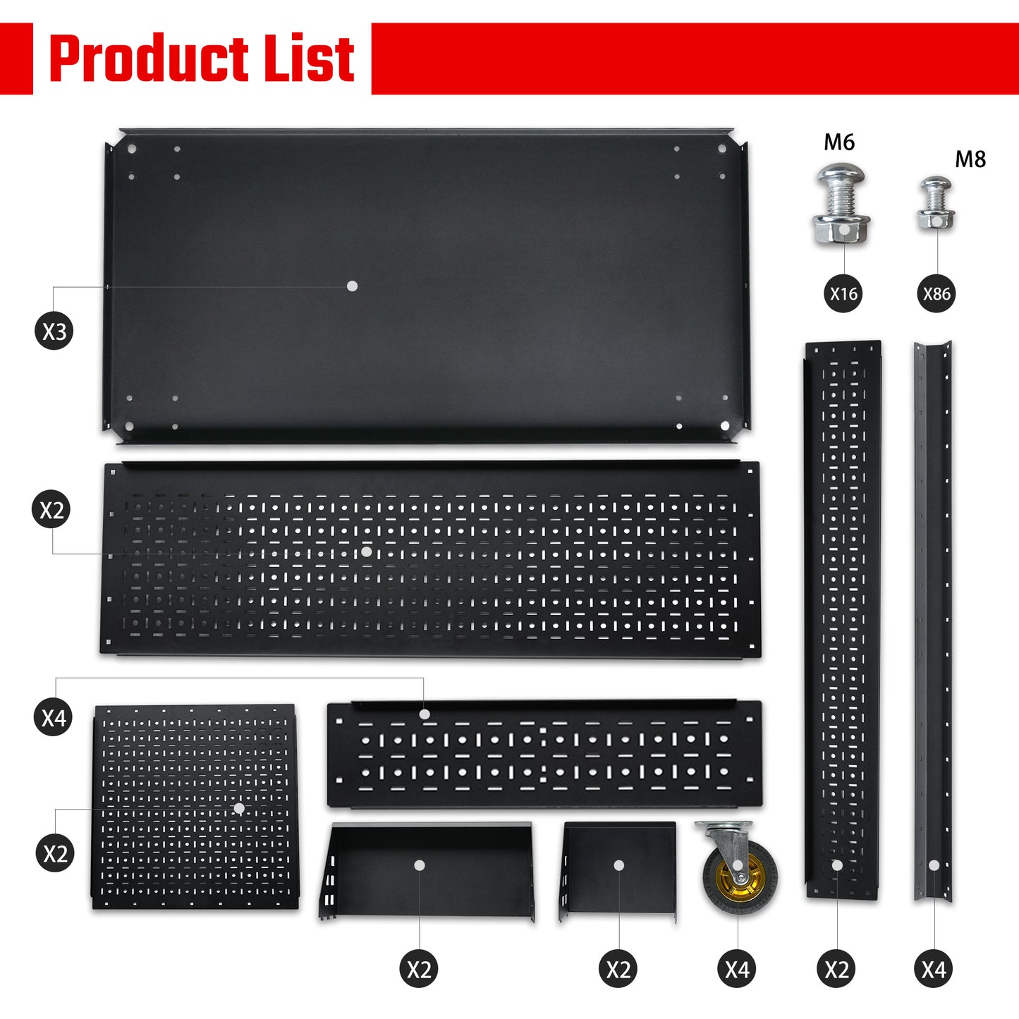 Detachable Utility Cart with 3 Shelves and Pegboard Storage - Black
