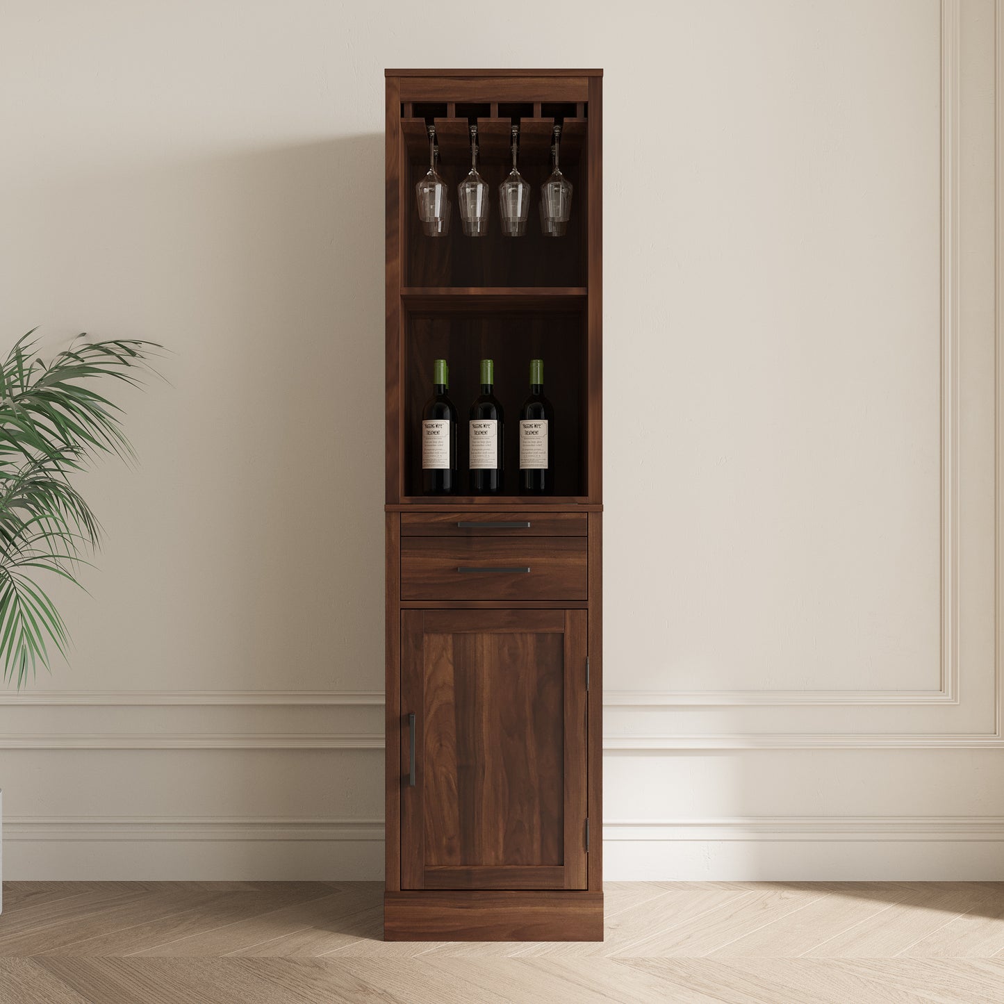 Walnut Modular Wine Bar Cabinet with Hutch for Dining Room