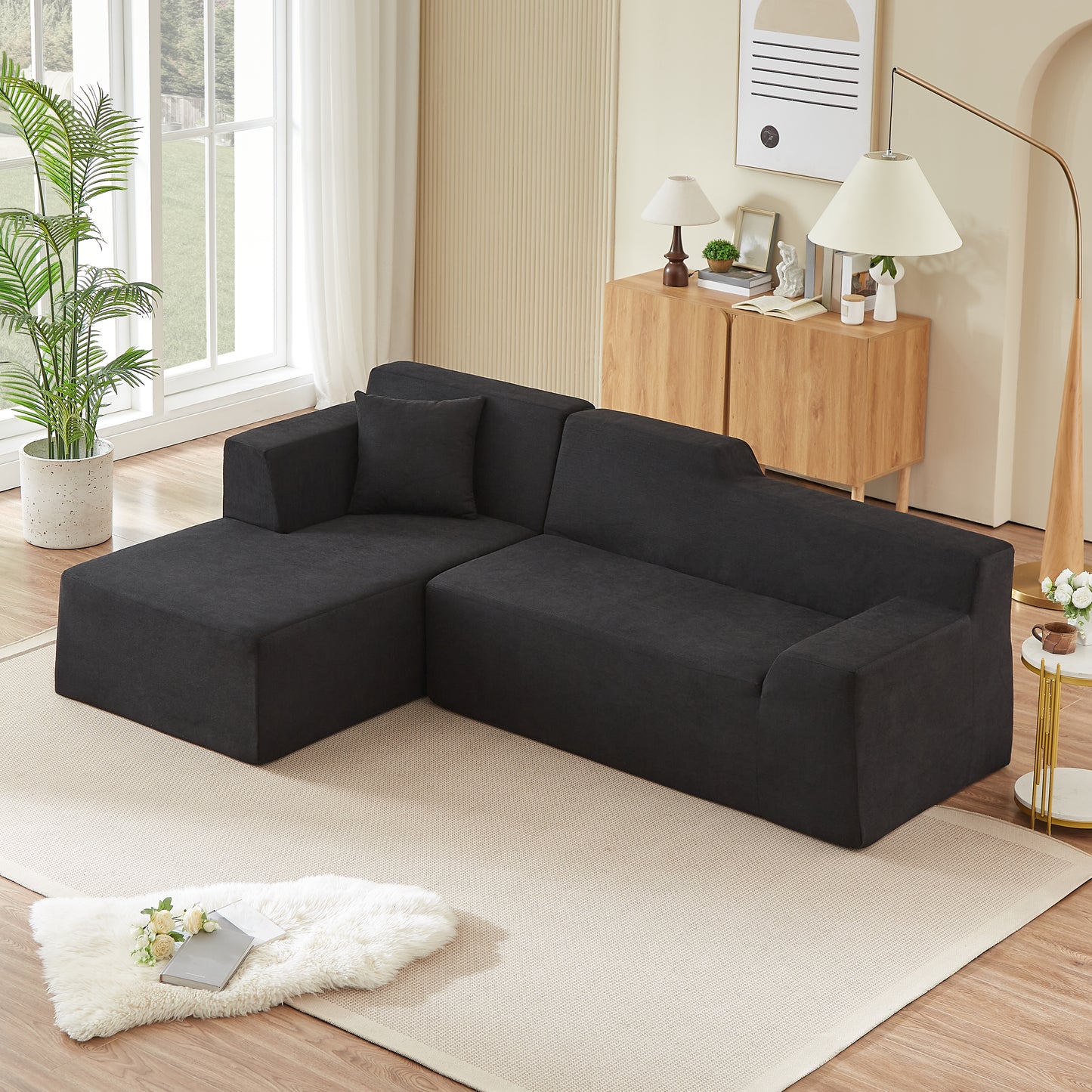 L-Shaped Corduroy High Back Sofa - Modern Minimalist Design, Black
