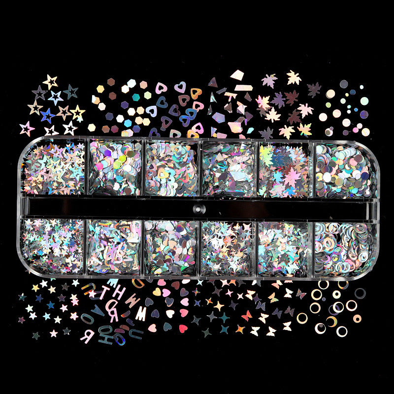 12-Grid Nail Art Sequins Set - Mixed Color Laser Silver DIY Nail Decorations