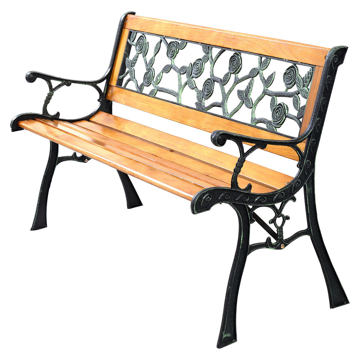Outdoor Porch Bench - 49.5" Iron Frame with Wooden Seat