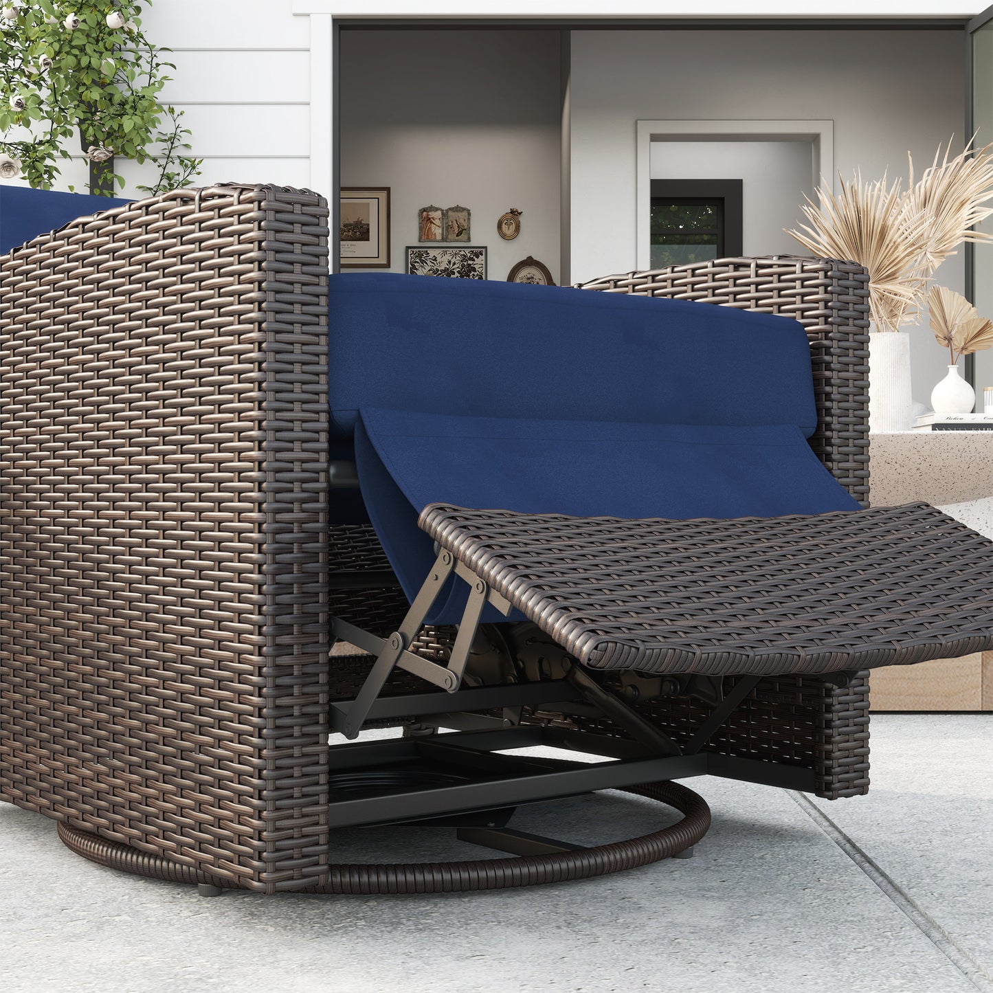 Outdoor Wicker Swivel Chair with Reclining Backrest & Footrest - Dark Blue