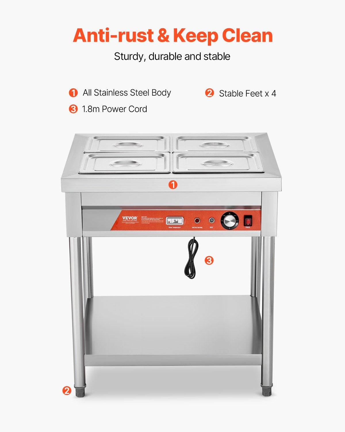 Commercial Electric Food Warmer with 4 Half-Size Pans & Undershelf - Silver