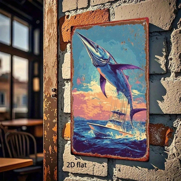 Vintage Ocean Fishing Metal Sign - 8x12 Inch Wall Art