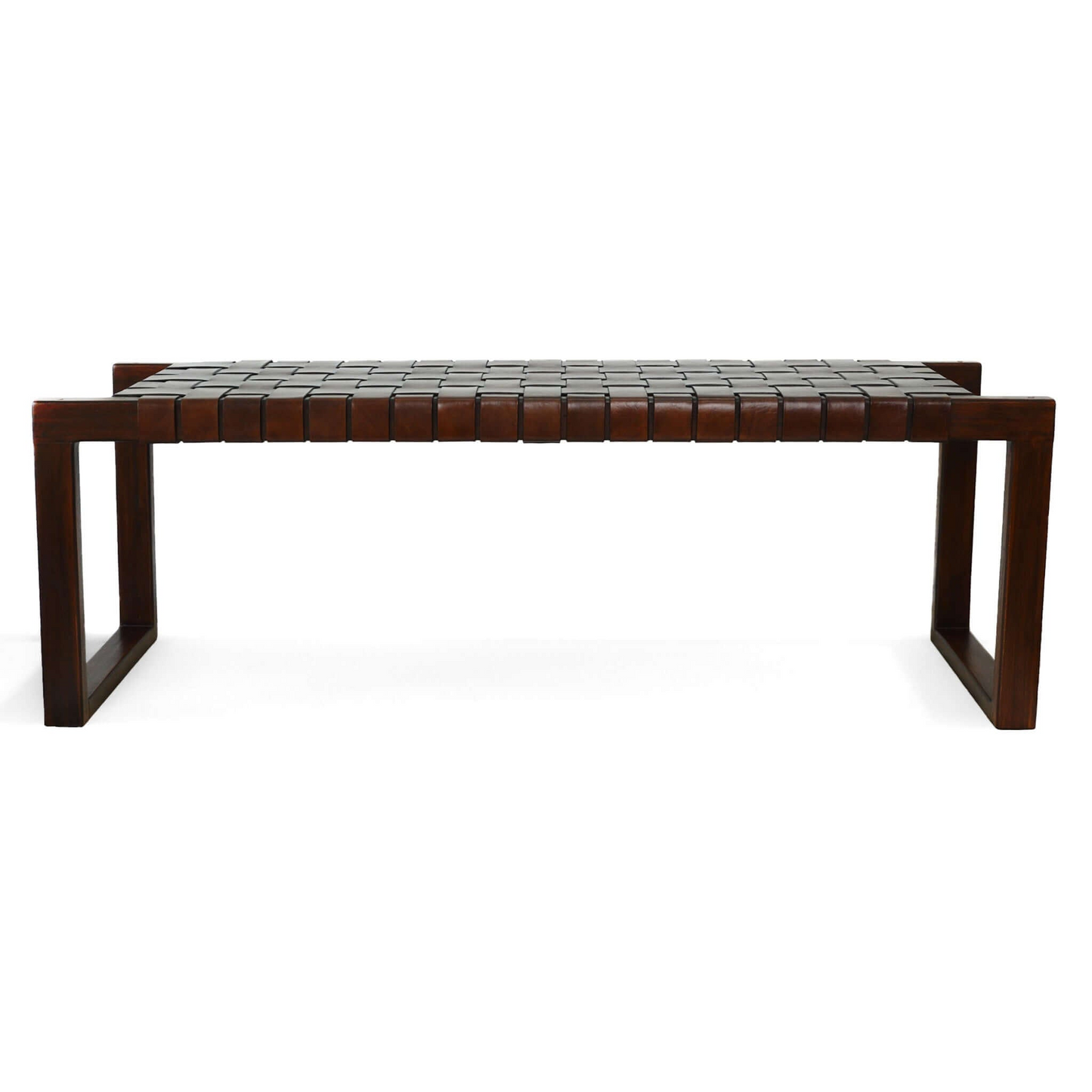 Christina Mid-Century Modern Tan Leather Bench With Solid Wood Frame