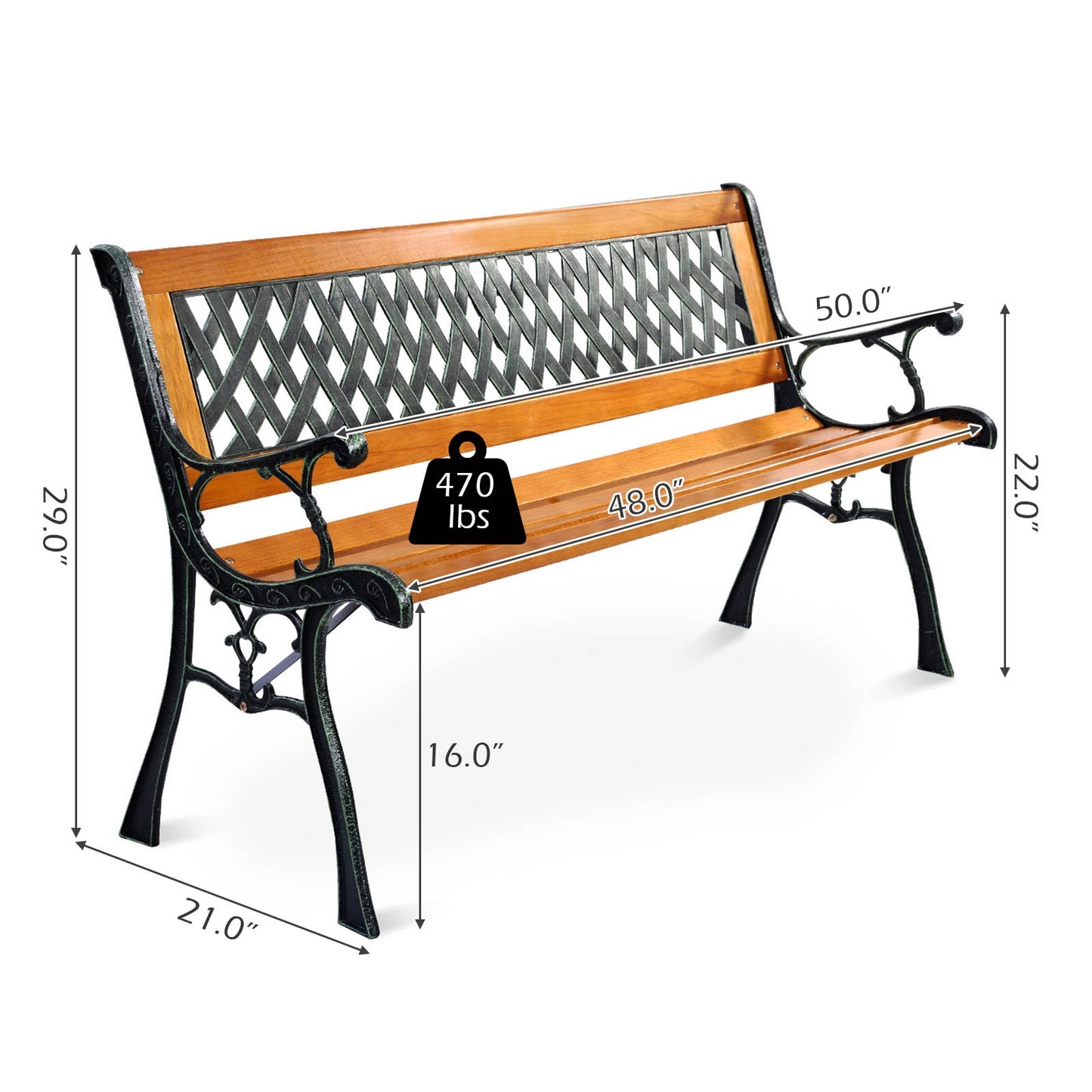 Cast Iron Outdoor Patio Bench - Solid Wood Seat, 463 lbs Capacity