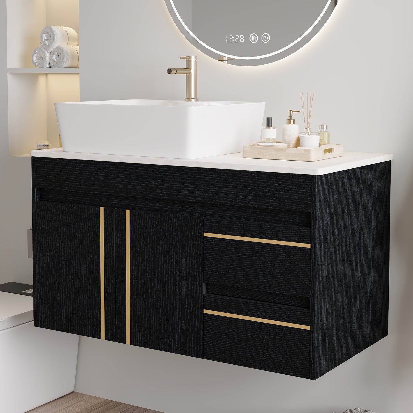 36" Wall-Mounted Bathroom Vanity with Vessel Sink & Plywood Countertop - Soft-Close Drawers & Floating Design