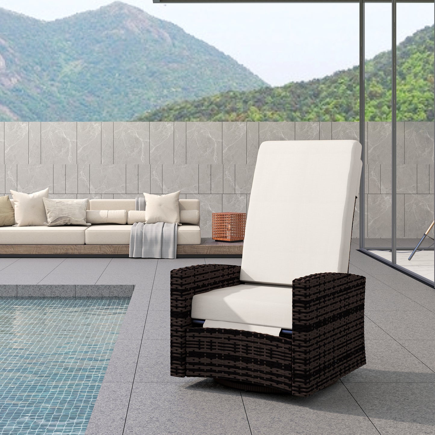 Outdoor Wicker Swivel Recliner Chair with Lifting Footrest - Khaki