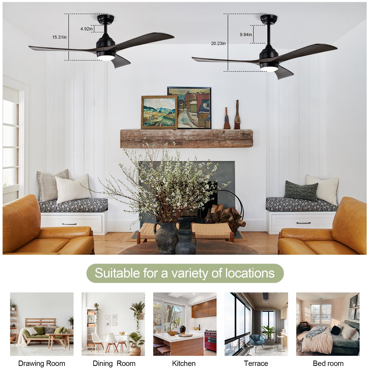 52-Inch Matte Black Solid Wood Ceiling Fan with Lights & Remote Control