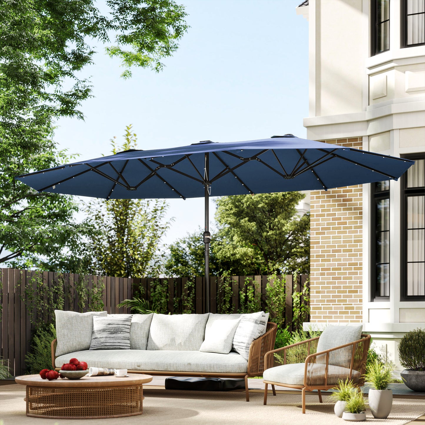 14.4ft Double-Sided Garden Parasol with Solar LED Lights - Navy Blue