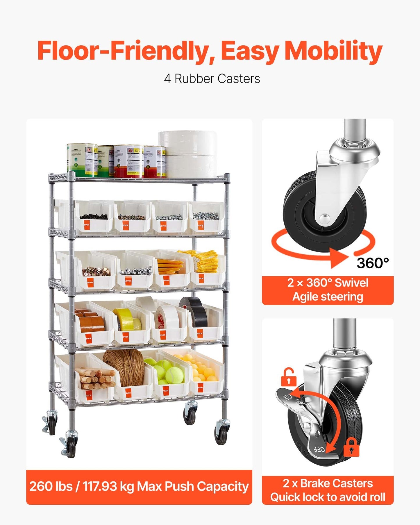 5-Tier Rolling Storage Rack with 16 Bins - Mobile Steel Shelving System for Garage and Workshop