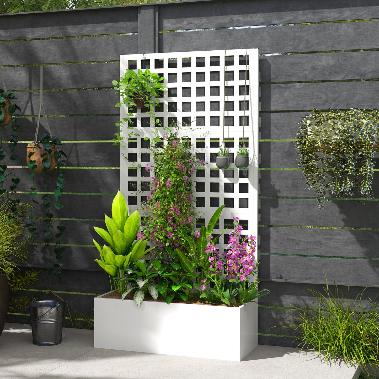 Galvanized Steel Raised Garden Bed with Trellis for Climbing Plants 35x16x70 White