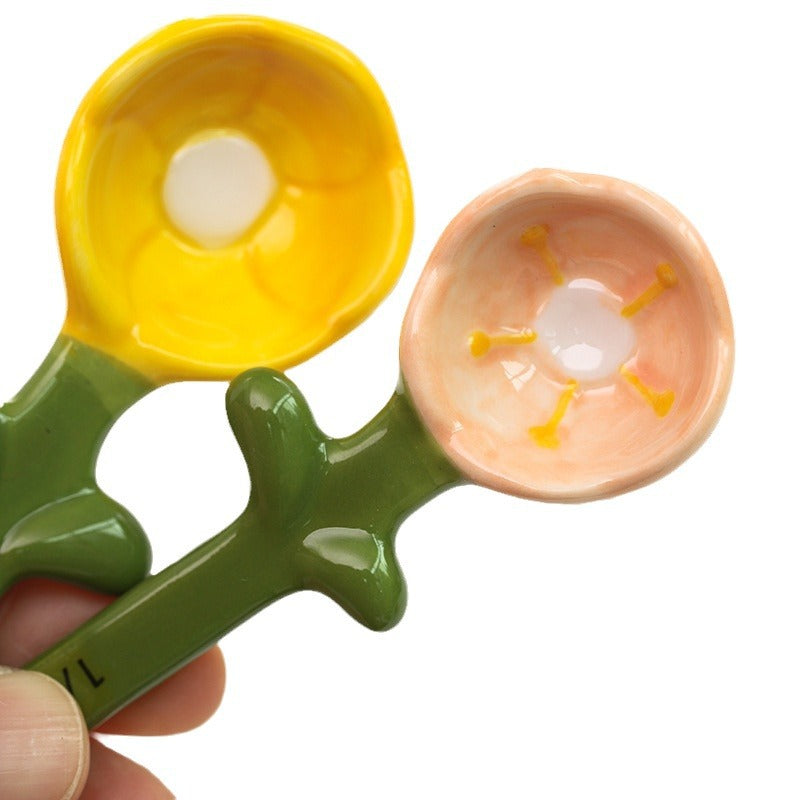Ceramic Flower Spoon Set with Blue and Pink Bases - Modern Kitchen Utensils
