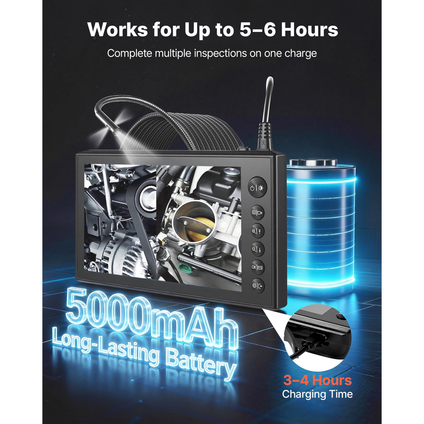 Industrial Borescope Endoscope with 8X Zoom, HD Split Screen, 16.4ft Waterproof Snake Camera