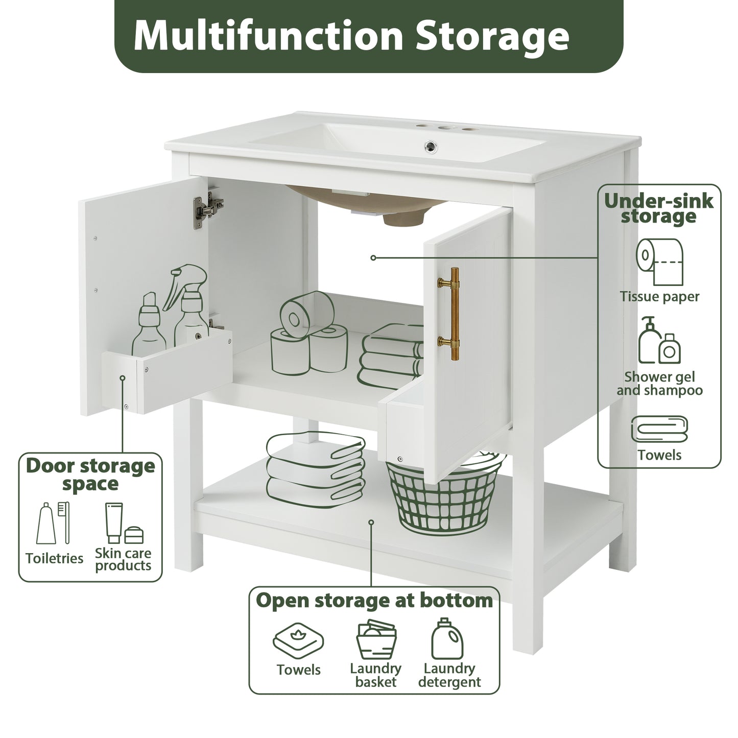 30-Inch White Bathroom Vanity with Ceramic Sink and Storage