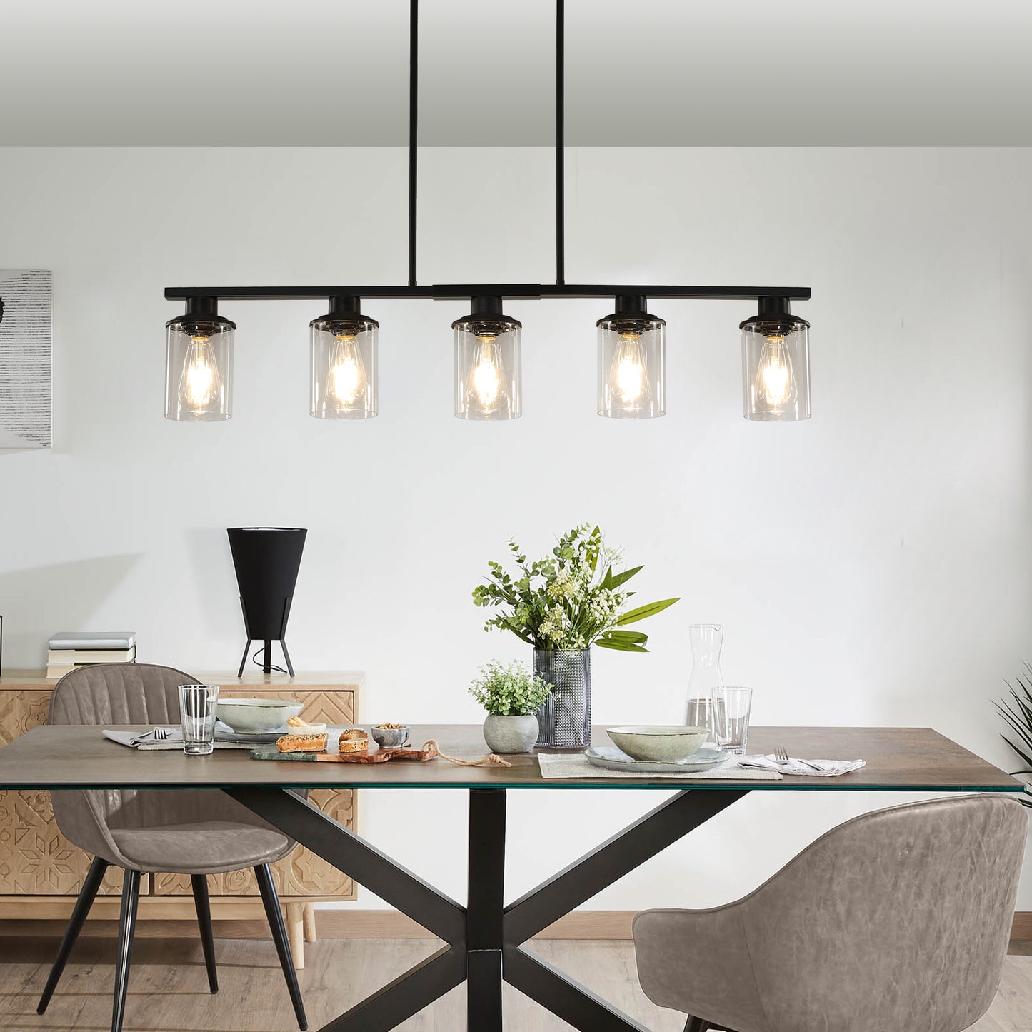 Modern Industrial 5-Light Chandelier - Matte Black & Glass Shades
