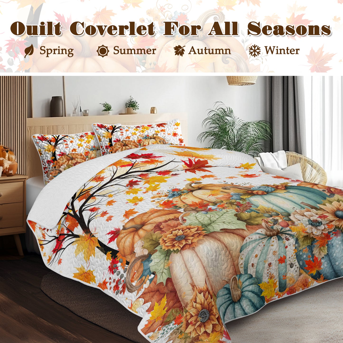 Pumpkin Print Quilt Set - Autumn Theme Bedding Set