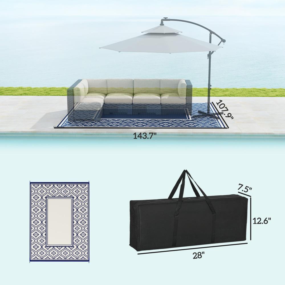 Reversible Waterproof Outdoor Rug with Carry Bag - Blue White Gourd Border 9' x 12'