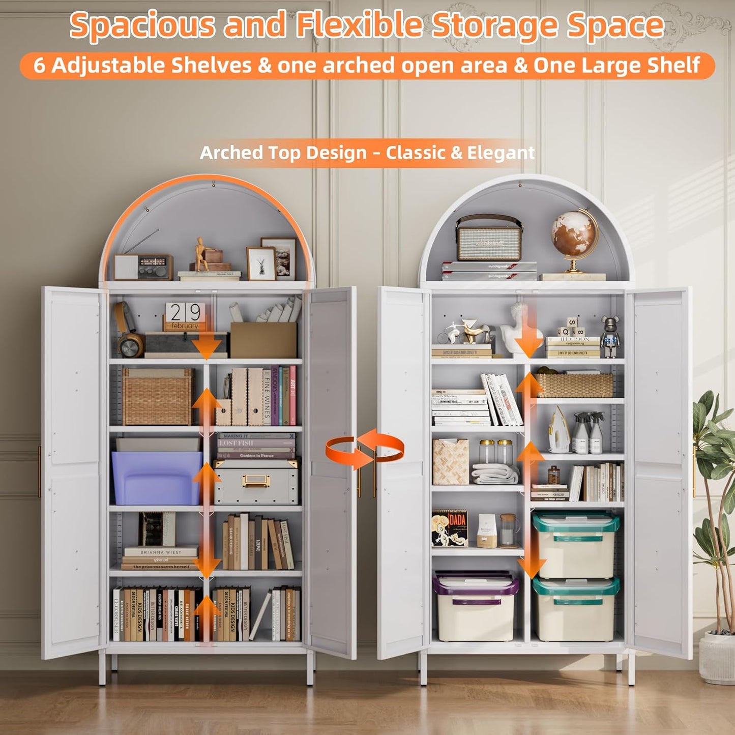 Tall Arched Kitchen Pantry Cabinet with Adjustable Shelves - White