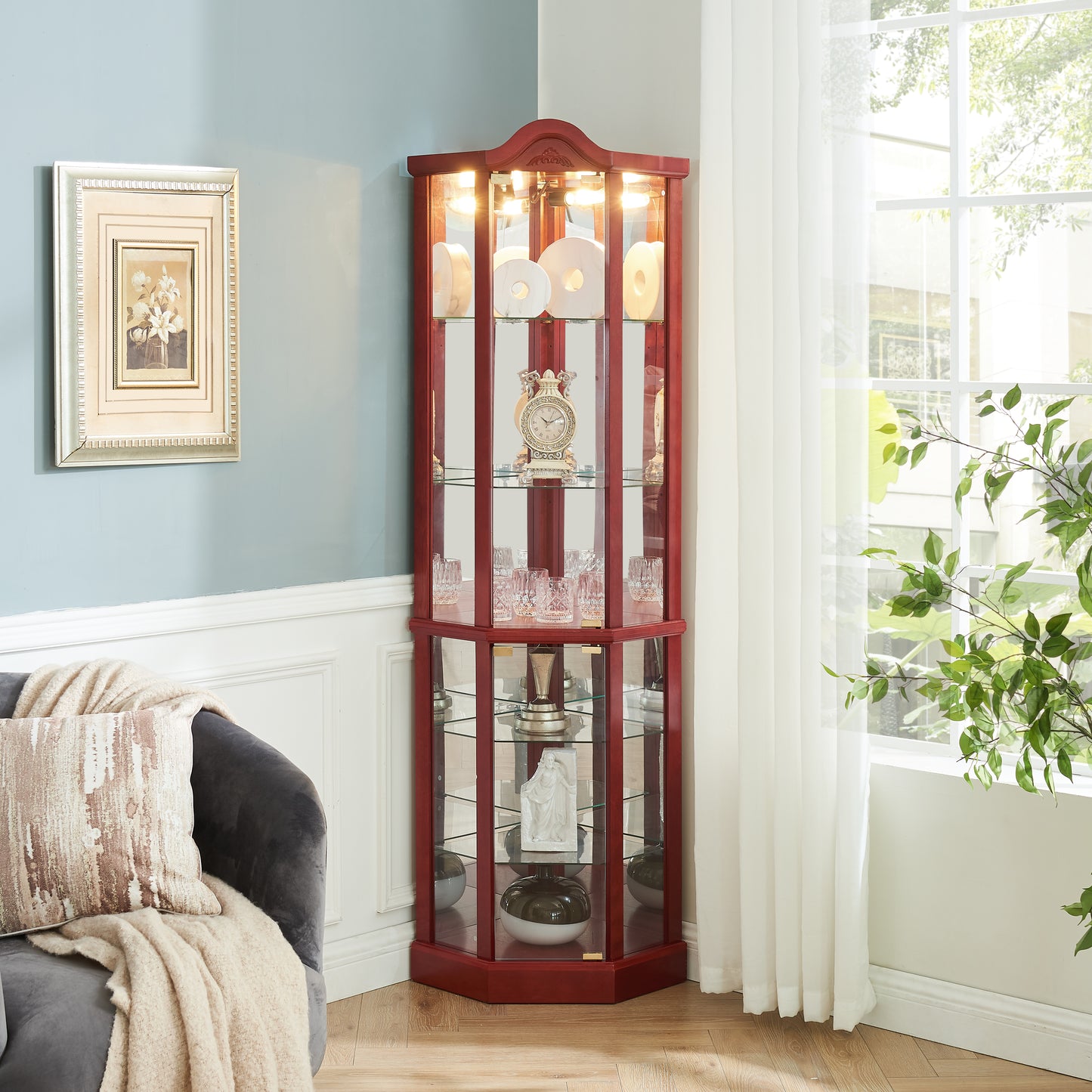 Glass Cabinet Lighted Corner Display Curio Cabinet, With Light