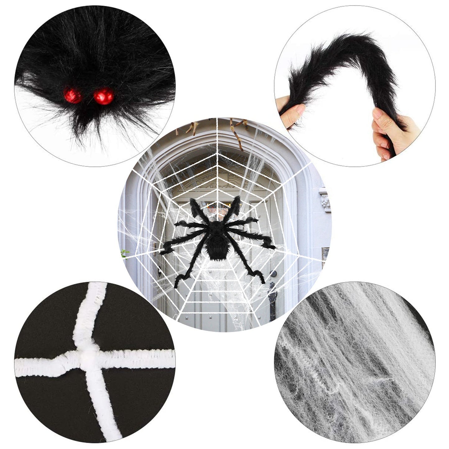 49-Inch Halloween Spider Decoration with 126-Inch Stretch Web - Black
