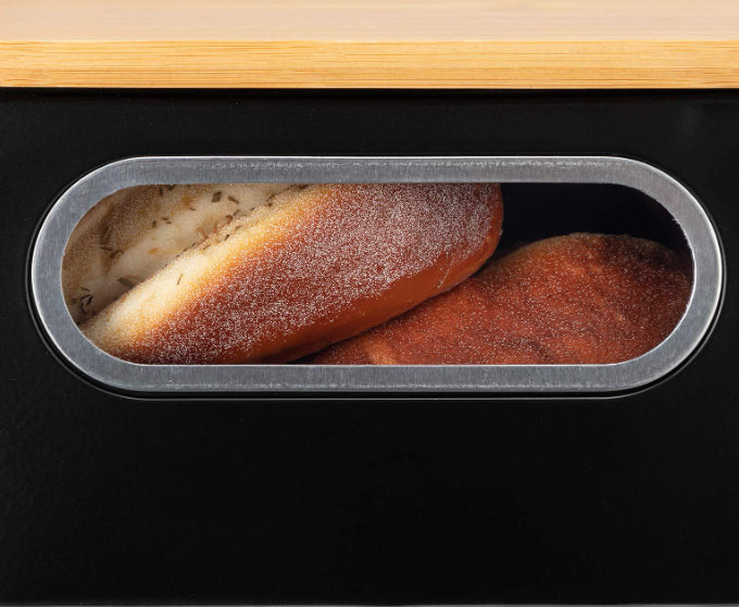 Black Metal and Bamboo Bread Box - Food Storage Organizer for Kitchen