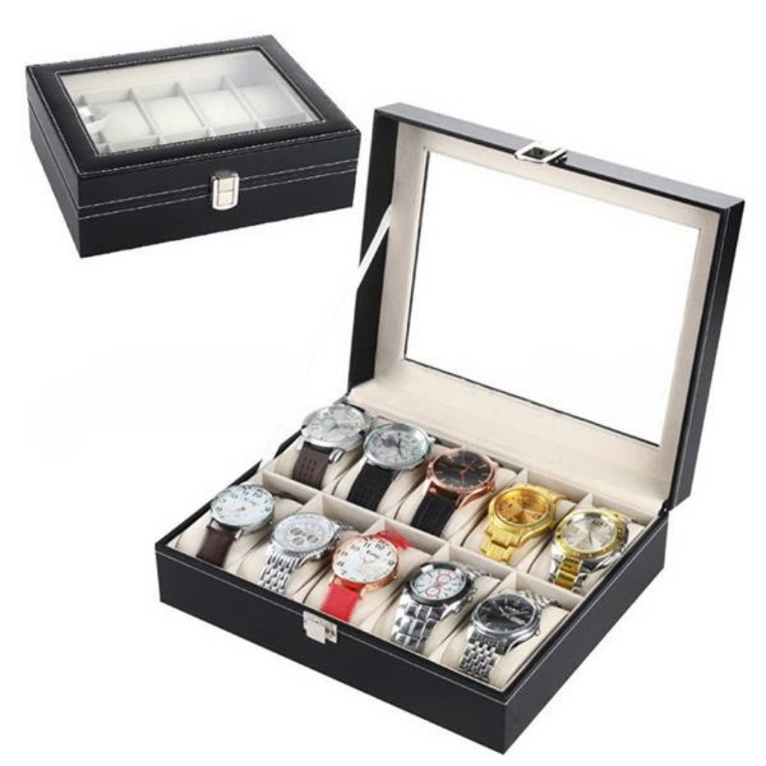 10 Compartments High-grade Leather Watch Storage Box Black