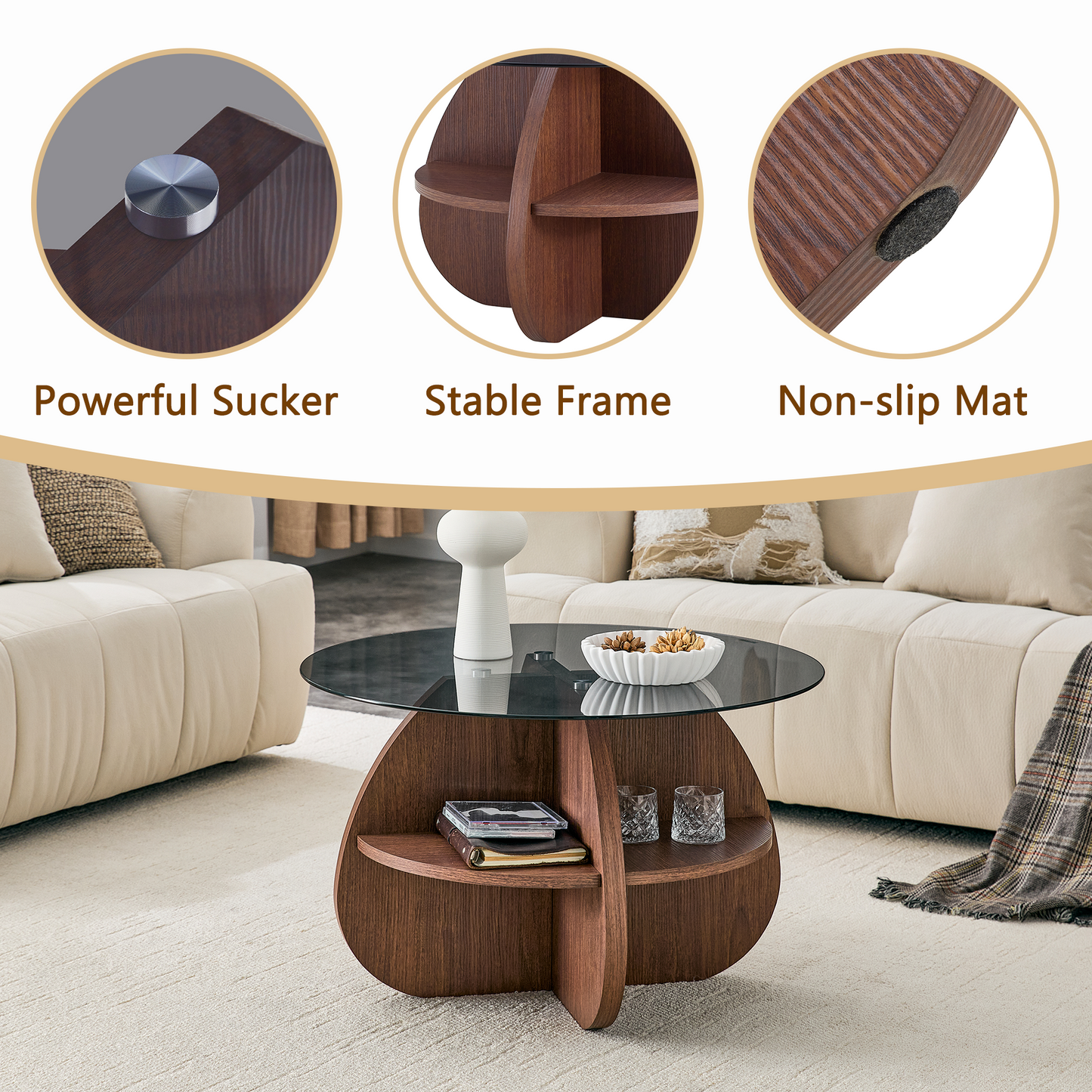 Round Coffee Table with Gray Tempered Glass Top & Walnut Storage