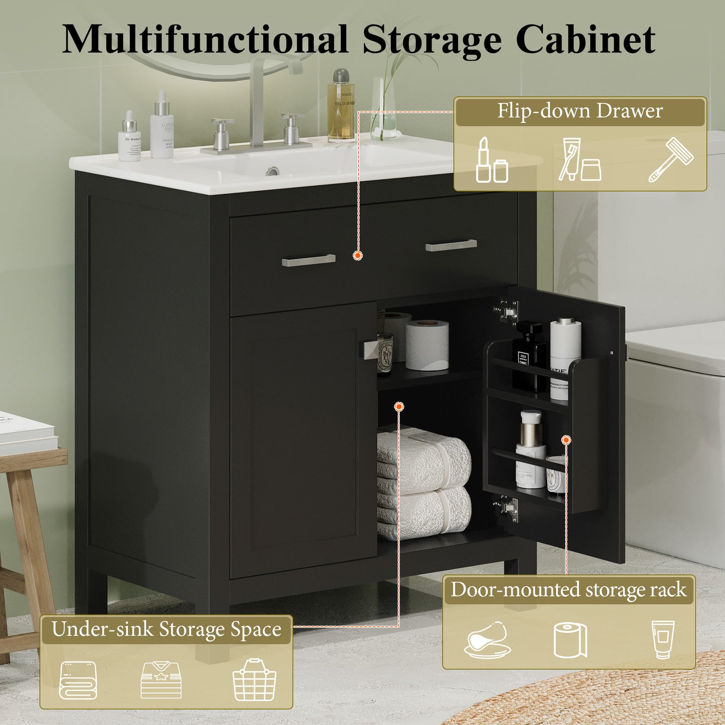 30" Black Bathroom Vanity with Ceramic Sink & Soft Close Doors