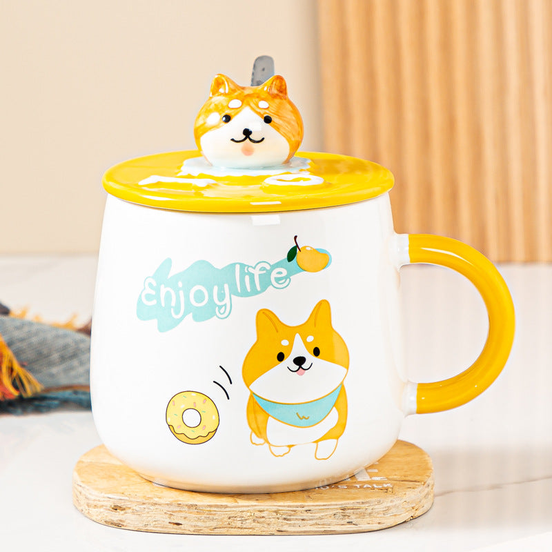 Cute Cartoon Ceramic Mug with Lid and Spoon - 4 Styles, 301-400ml