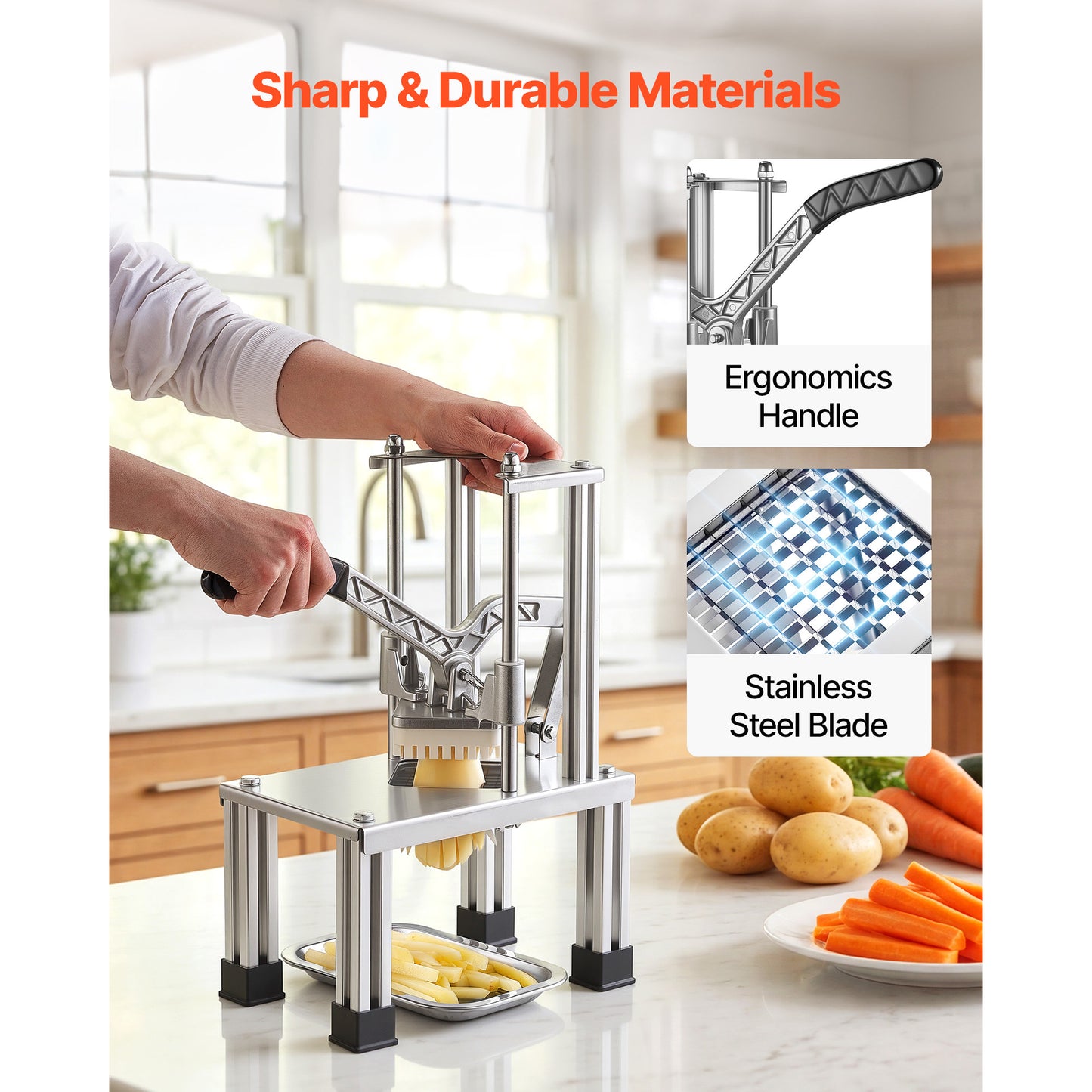 French Fry Cutter Commercial Vegetable Chopper with 4 Blades Stainless Steel Potato Slicer for Fries & Vegetables