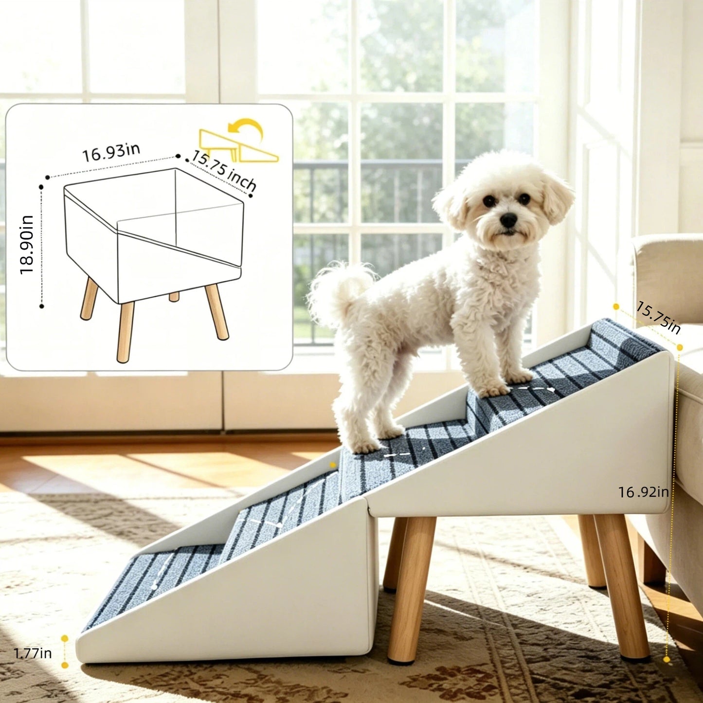 Foldable 2-in-1 Dog Stairs and Ramp for Couch and Bed - Beige, 18.89"