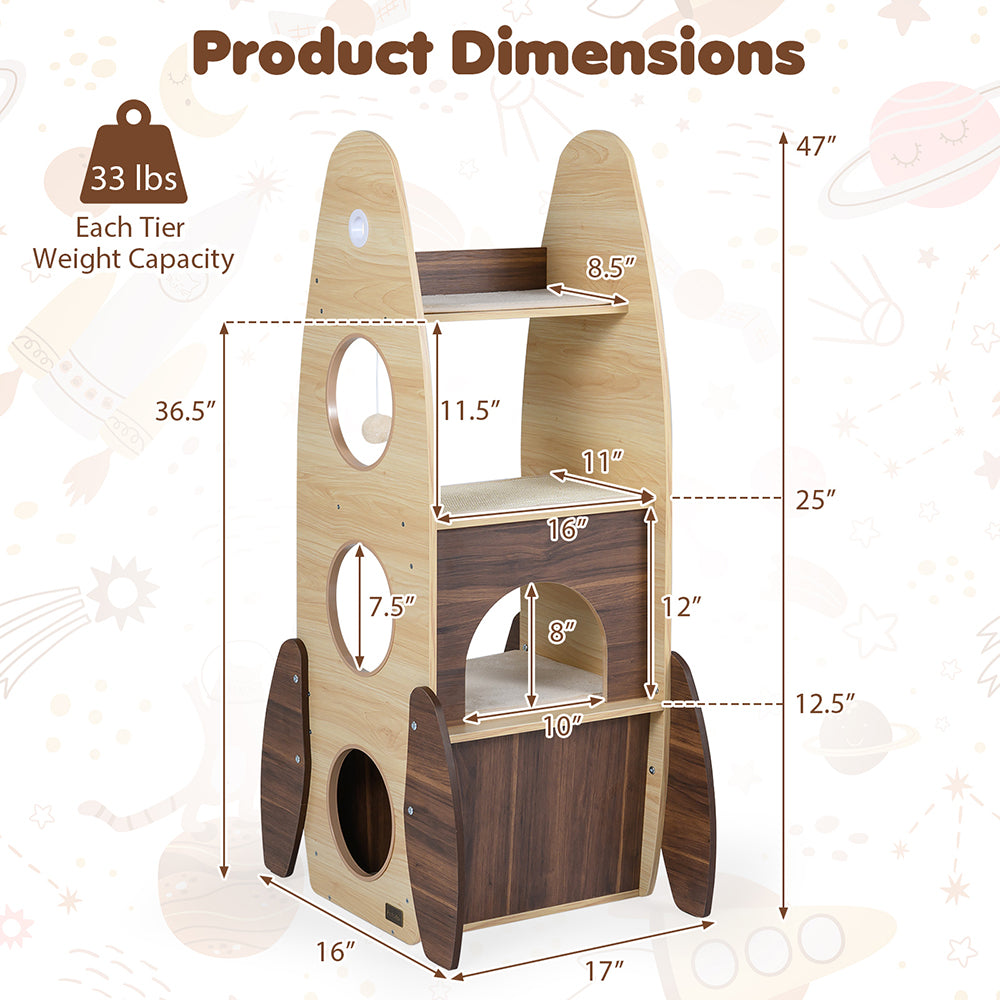 Large 47-Inch Wooden Cat Tree with Scratching Pad and Multi-Level Playhouse - Natural & White