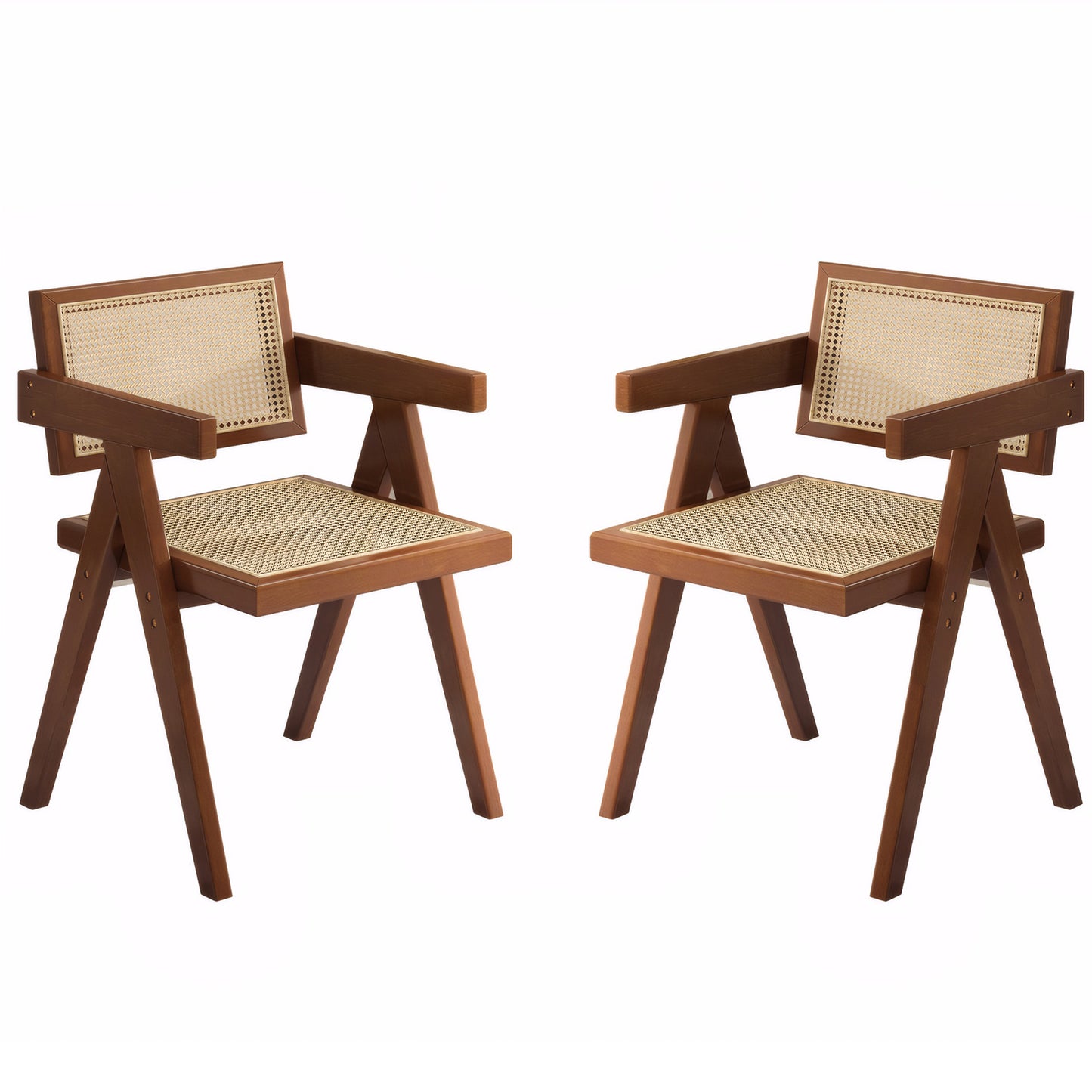 Mid Century Modern Dining Chairs Set of 2 - Brown Rattan Accent Armchairs