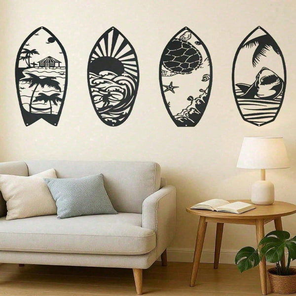 4-Piece Metal Surfboard Wall Art Set - Coastal Decor