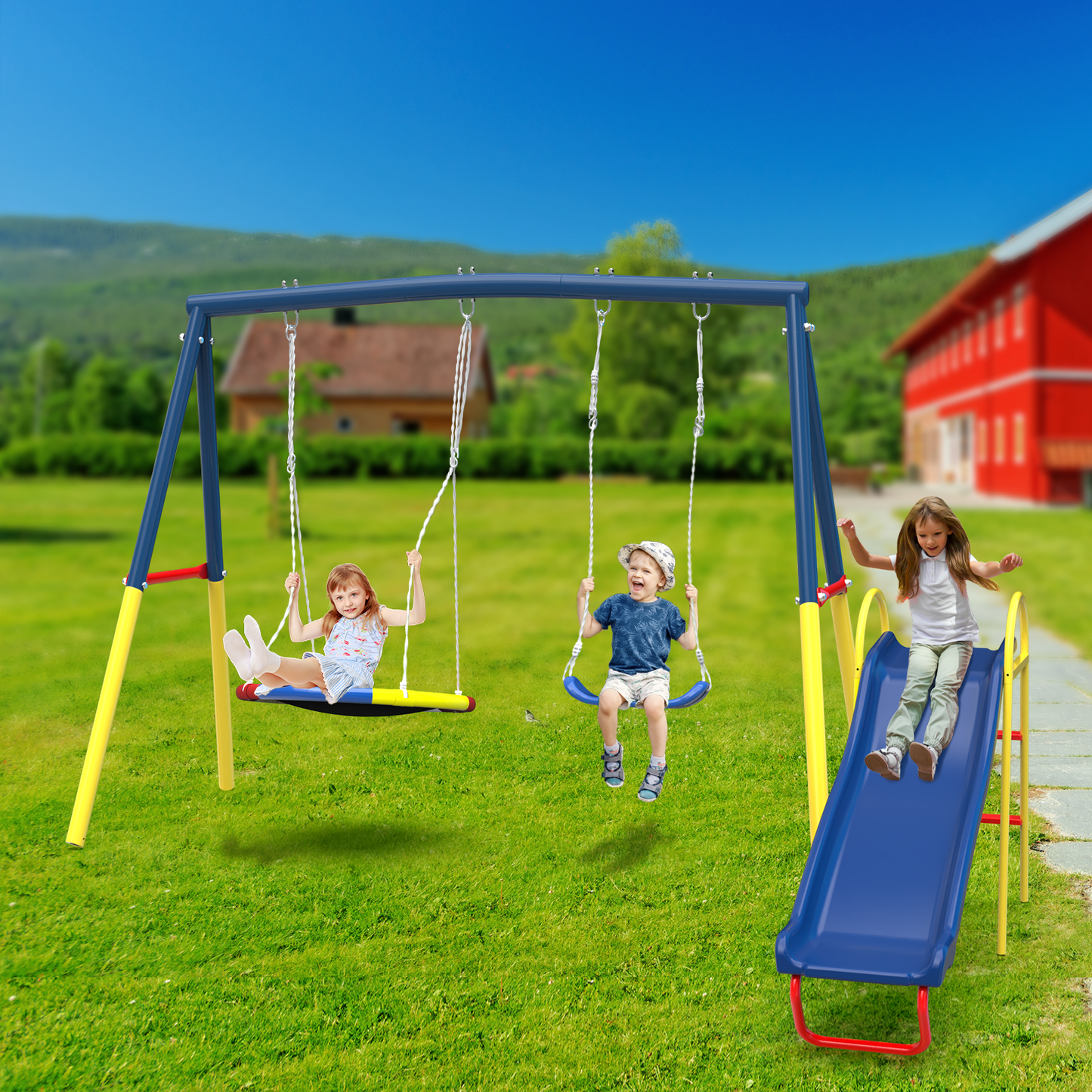 3 in 1 Heavy-Duty Metal Swing Set with Slide - Blue