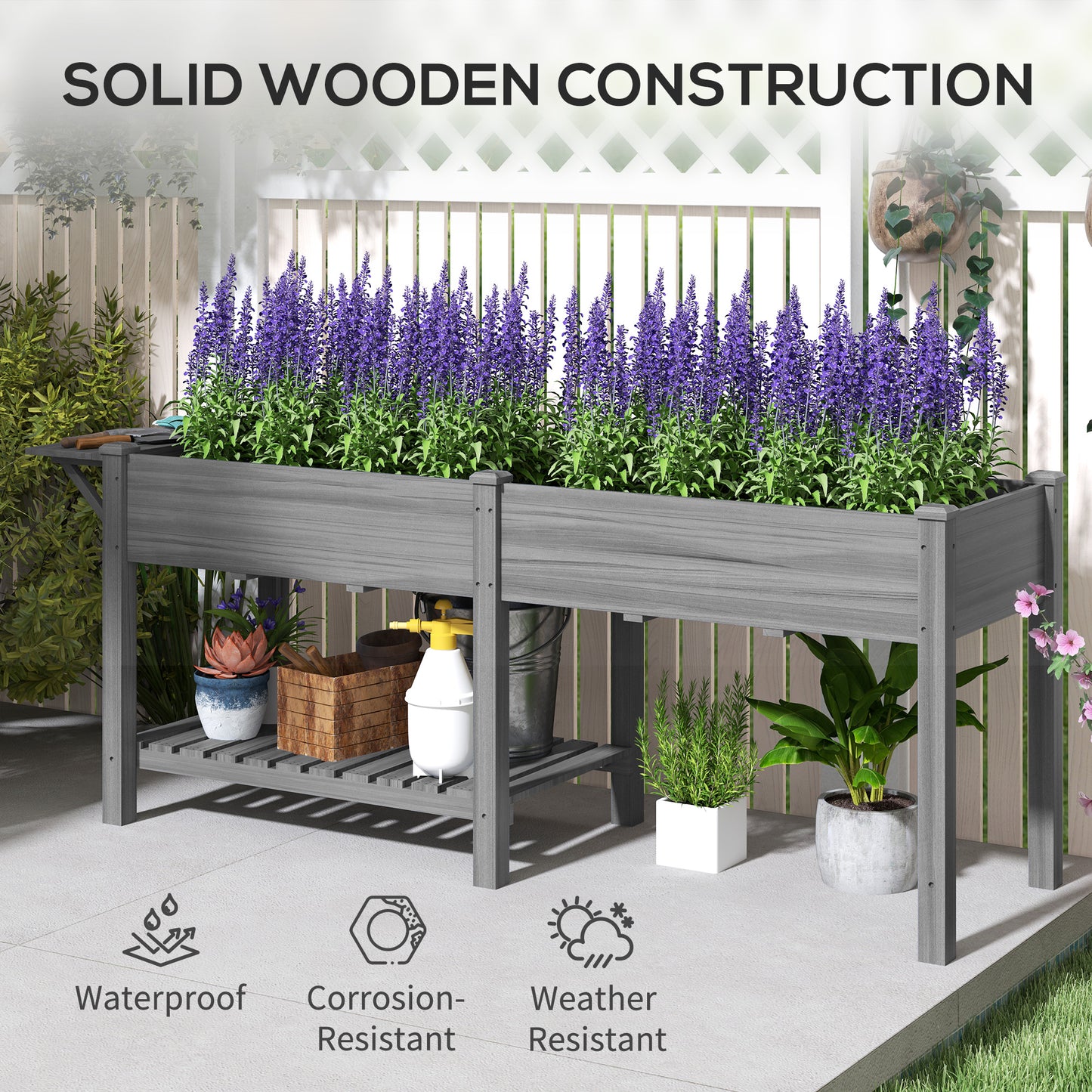 Wood Raised Garden Bed with Side Table and Bottom Shelf - Gray, 990x570x230 mm