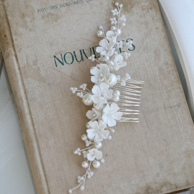 White Ceramic Flower Bridal Hair Comb