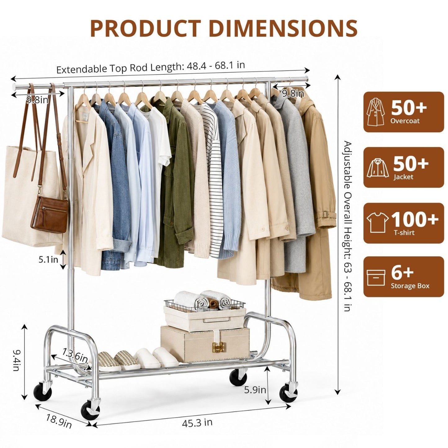 Adjustable Height Clothes Rack with Wheels - Portable Garment Stand