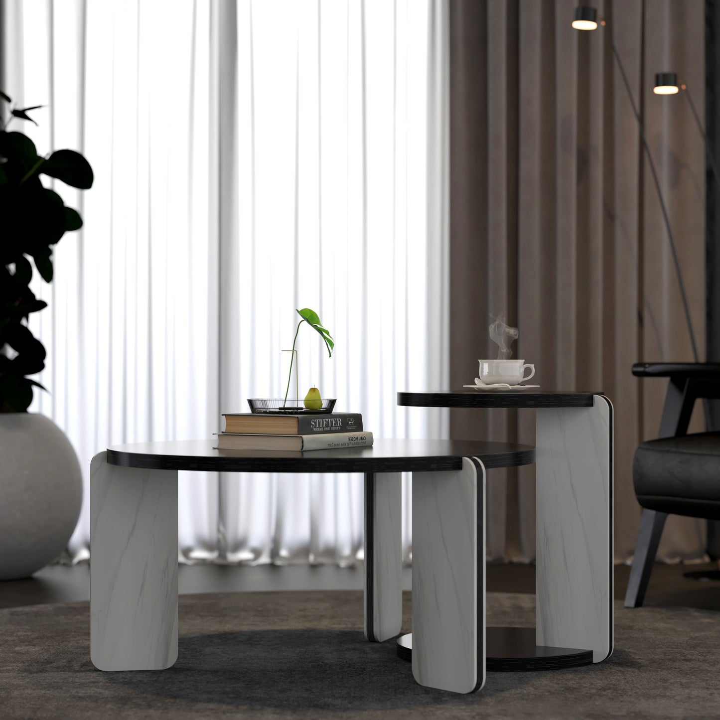 Round Coffee Table & End Table Set - Black Oak Veneer