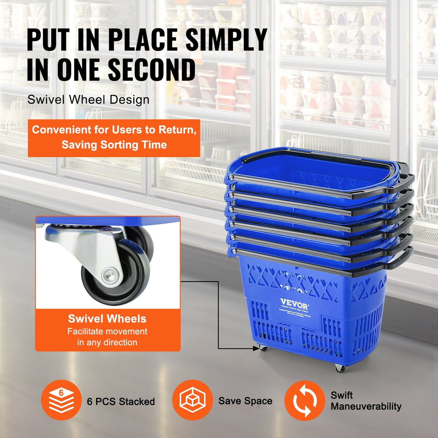 Set of 6 Large Capacity Plastic Shopping Trolleys with Wheels & Handles