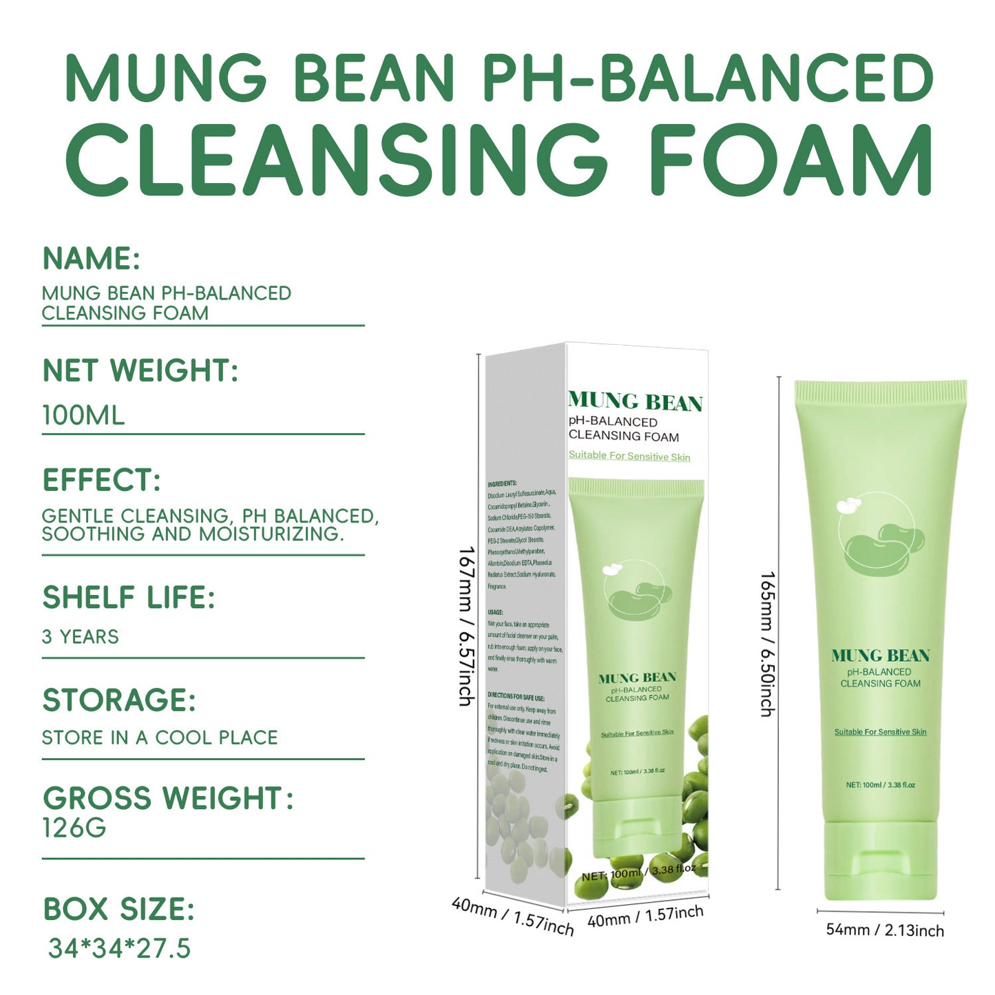 Mung Bean PH Balance Cleansing Foam 100ml - Facial Skin Care for All Skin Types
