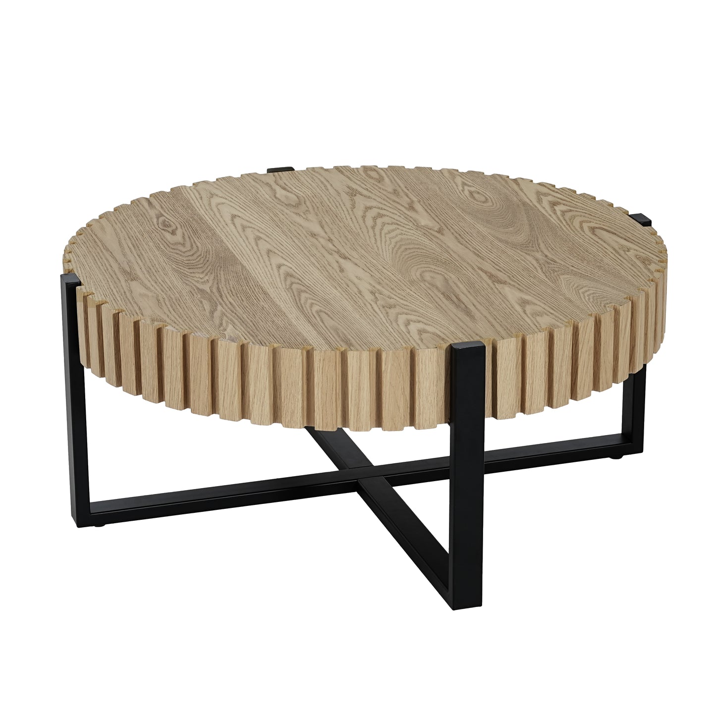 Modern Round Coffee Table with Marble Top & Cross Metal Base - 31.5"