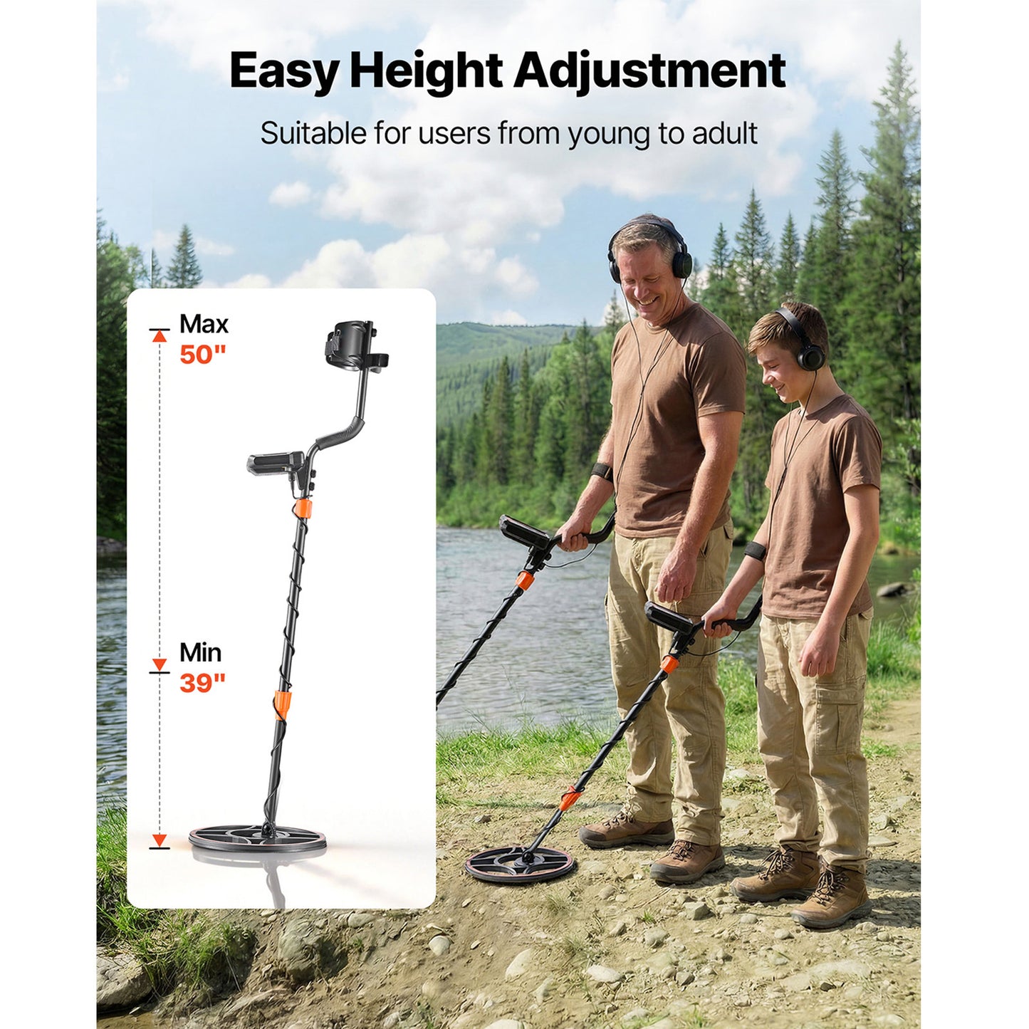Professional Metal Detector for Adults, Gold & Treasure Hunting, Waterproof IP68 Search Coil, 6 Search Modes, Adjustable Length
