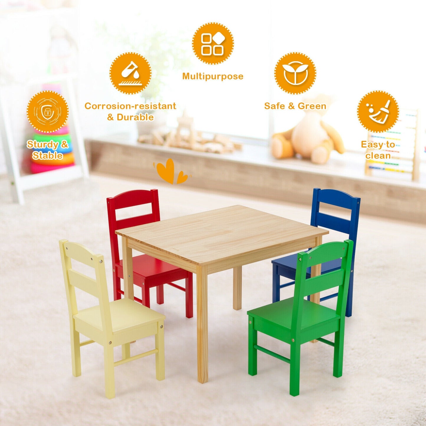 Kids Pine Wood Multicolor Table and Chair Set - 5 Pieces
