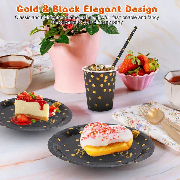 201PCS Black Gold Birthday Party Supplies Set for 25 Guests